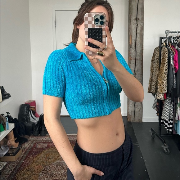 Blue y2k Zip Up Crop Sweater - Picture 2 of 3
